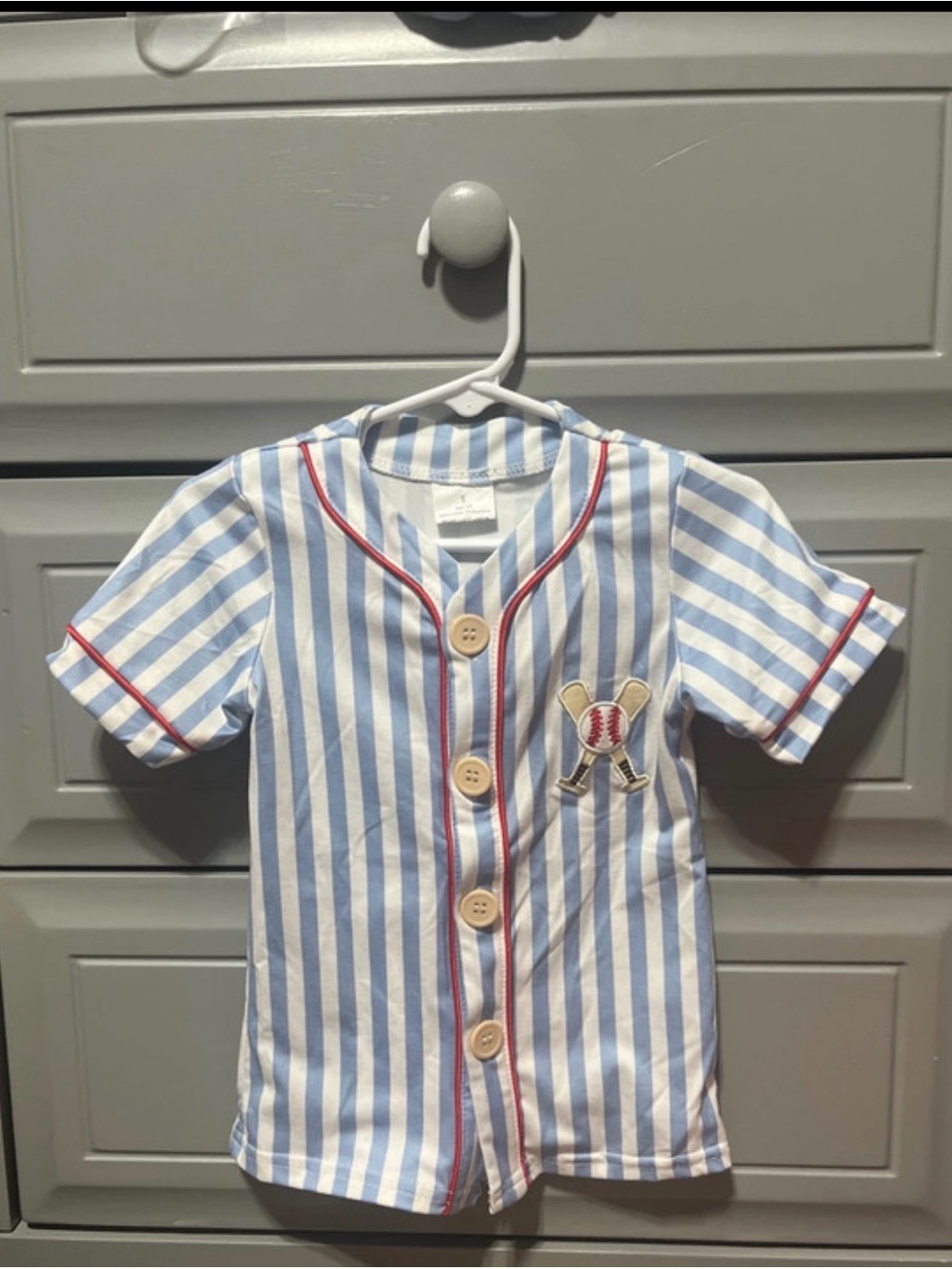 Boys Blue & White Striped Baseball Jersey with Red Trim